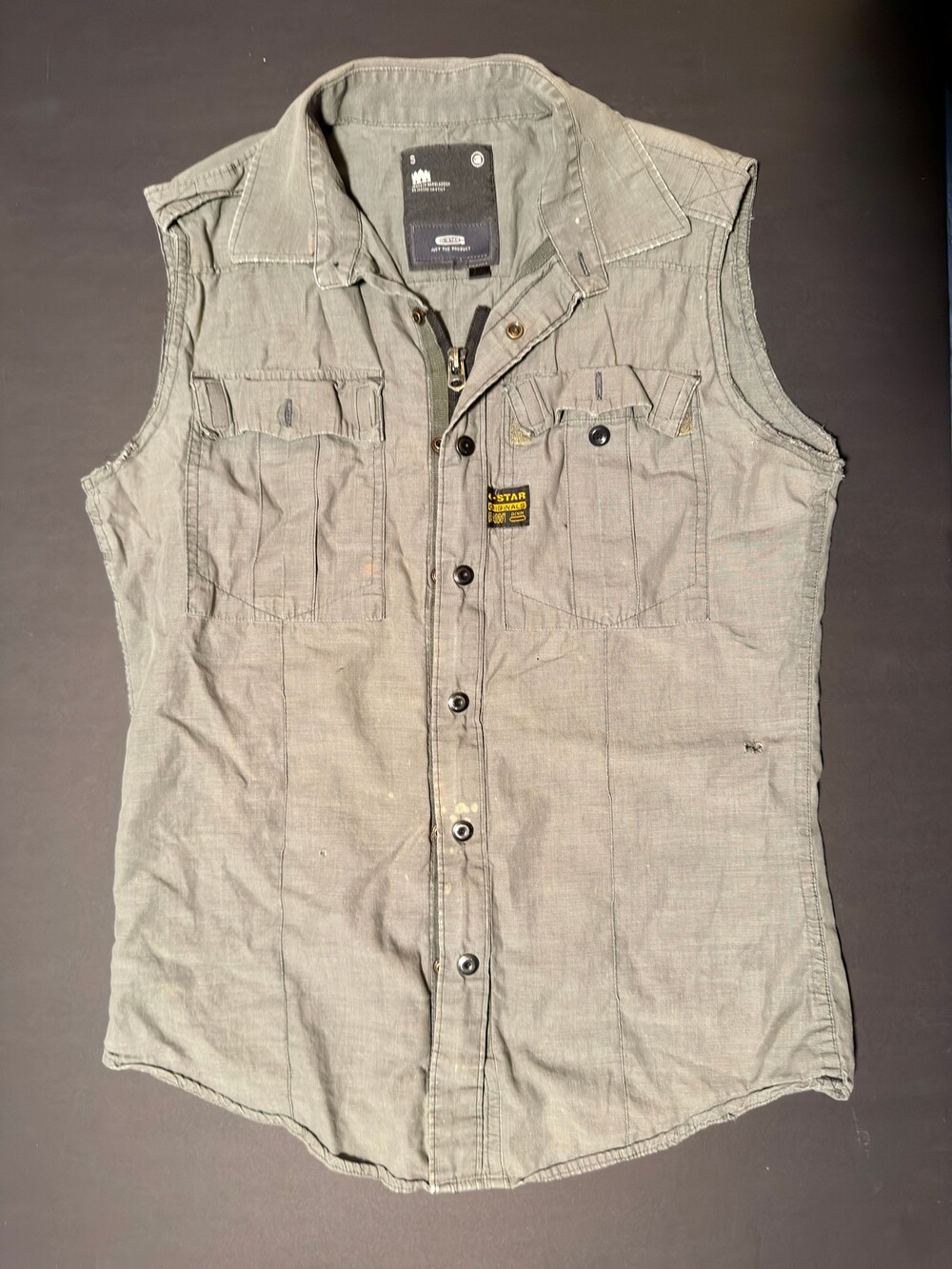 G-Star RAW Gould Modern Army Shirt Small Gray Green Sleeveless Modified